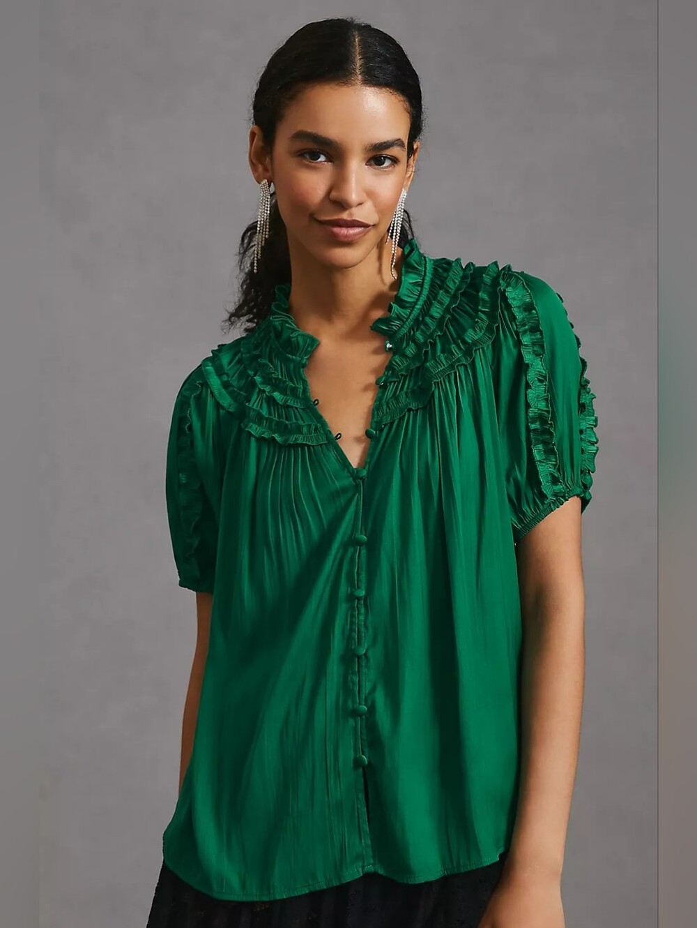 Anthropologie Shirred Peasant Blouse Green Emerald Ruffle Button Front Sz S Boho - Picture 1 of 13